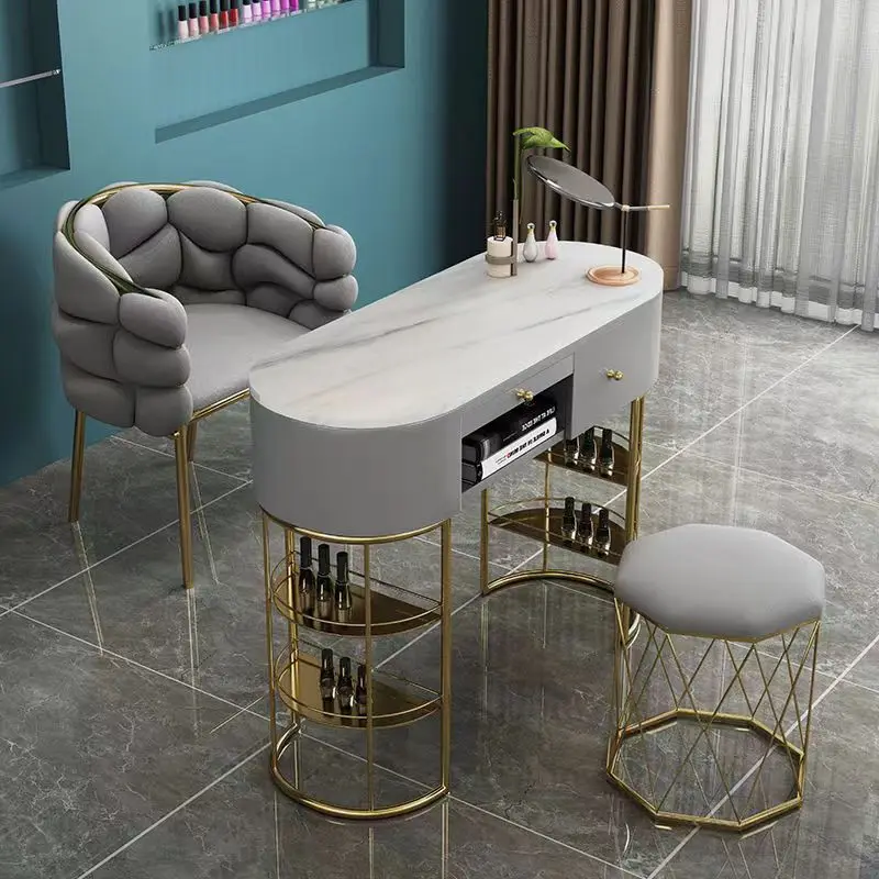 Luxury Nail Bar Salon Furniture Marble Table And ChairsTables Leg Metal Gold Side ManicureTable Set