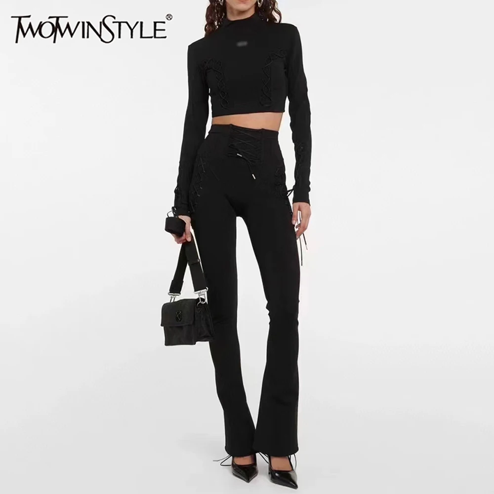 

TWOTWINSTYLE Solid Two Piece Set For Women O Neck Long Sleeve Spliced Lace Up Tops High Waist Slimming Pants Casual Sets Female