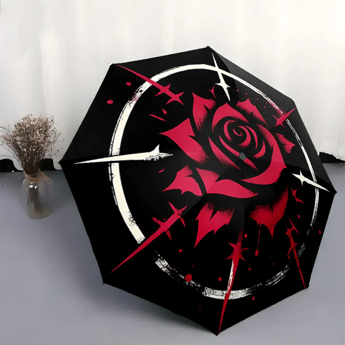 Red Rose with Artistic Thorn and Star Pattern Design portable waterproof sun rain umbrella for outdoor travel beach