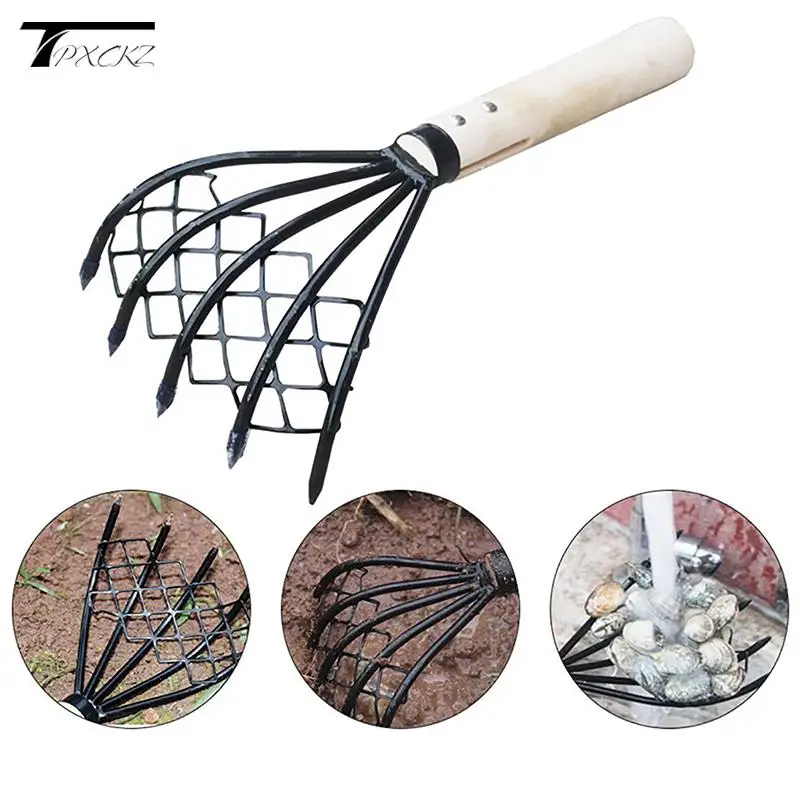 

Sturdy Compact Claw Rake With Mesh Net 5-Tine Clamming Claws Long Handled Shell Clam Digger 15 Inch Hand Rake