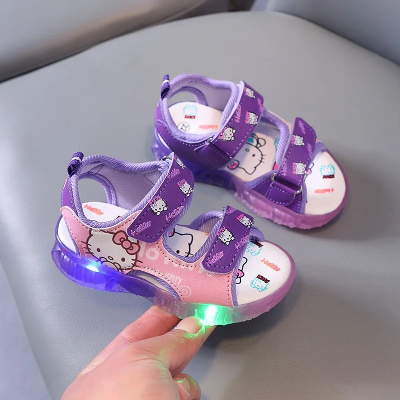 Sanrio Hello Kitty Summer New Girls Led Light Sandals Beach Outdoor Non-slip Casual Shoes