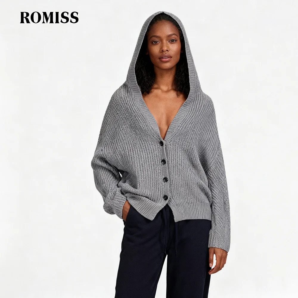 

ROMISS серый сращенный однобортный свитер женский с капюшоном с v-образным вырезом и длинными рукавами уличная одежда женские свитера осенняя мода новинка