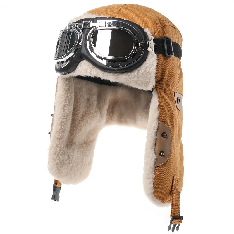 

New Winter Lei Feng Hat for Men and Women Outdoor Skiing with Velvet Warm Goggles Pilot Hat Windproof Ear Protection Hat