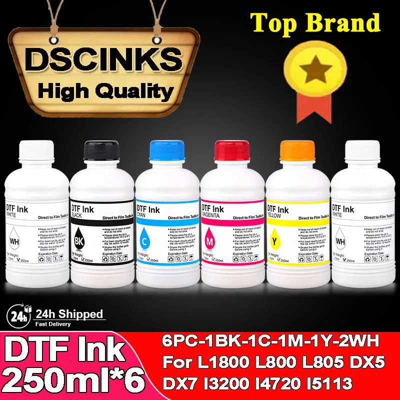 DTF INK 6PC*250ML For Dirent printer film for Epson L1800 L800 L805 DX5 DX7 I3200 I4720 I5113 Printhead DTF 1BK-1C-1M-1Y-2WH