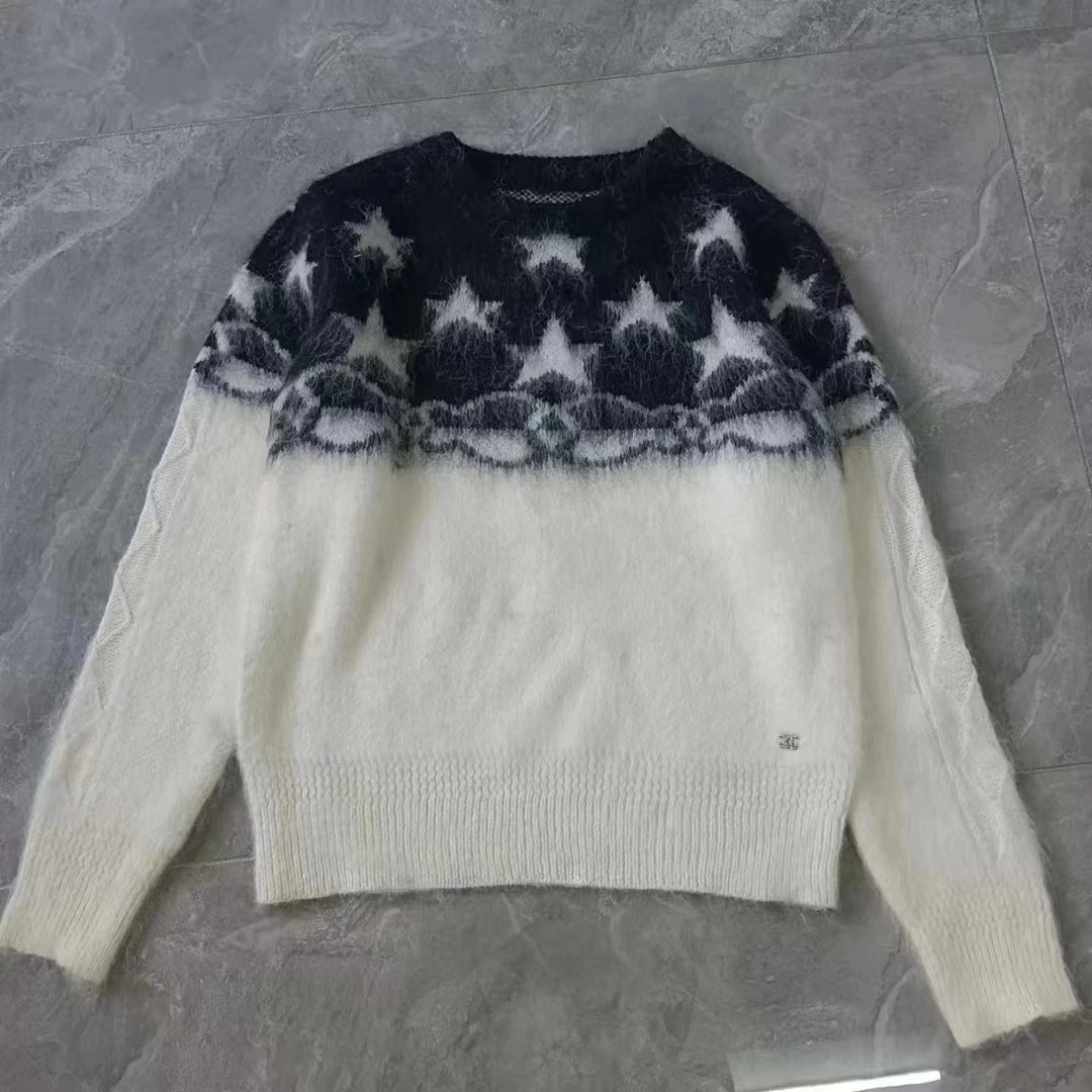 Women Winter Autumn Star Crochet Cashmere Wool Mink Sweater runway Soft Mohair Knit Pullover O-Neck Knitwear Brand Jumper X558