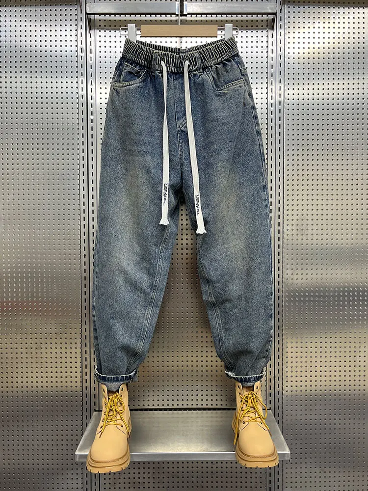 

Синие мужские свободные джинсы в стиле ретро Харадзюку, модные повседневные брюки-«папины штаны» большого размера, длинные брюки-харлан, молодежные, осенние, износостойкие