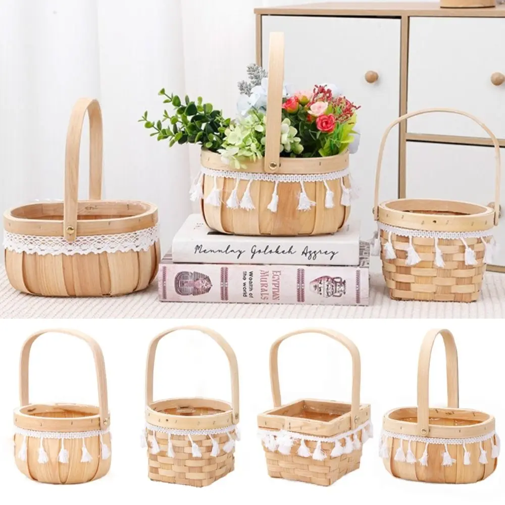 Durable Hand Woven Flower Basket Hand-held Lace Tassel Planter Holder Gift Handmade Succulent Basket Home Decoration