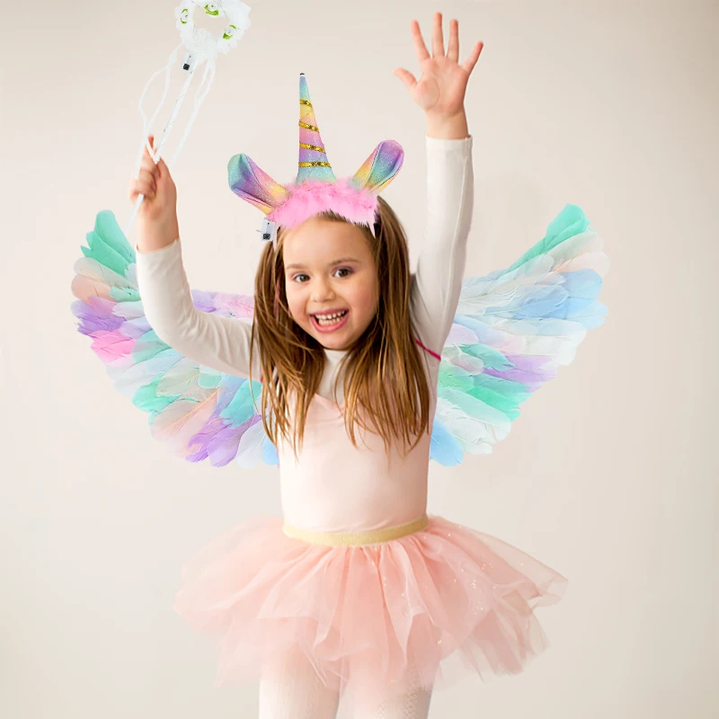 Kids LED Colour Angel Feather Wings Costume Props Luminous Unicorn Halo Headband Fairy Stick Party Glowing Accessory Baby Shower