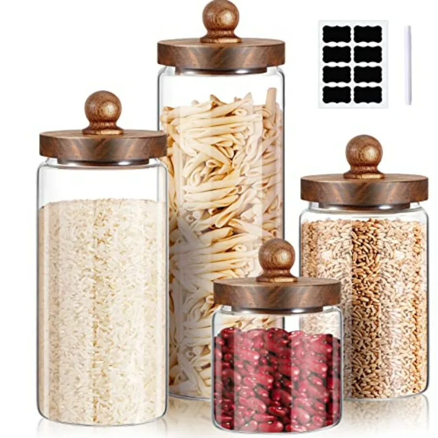 

Gerrii Glass Storage Jars Set of 4 Clear Food Storage Containers with Wooden Lids Airtight Kitchen Canisters with Sticker and C
