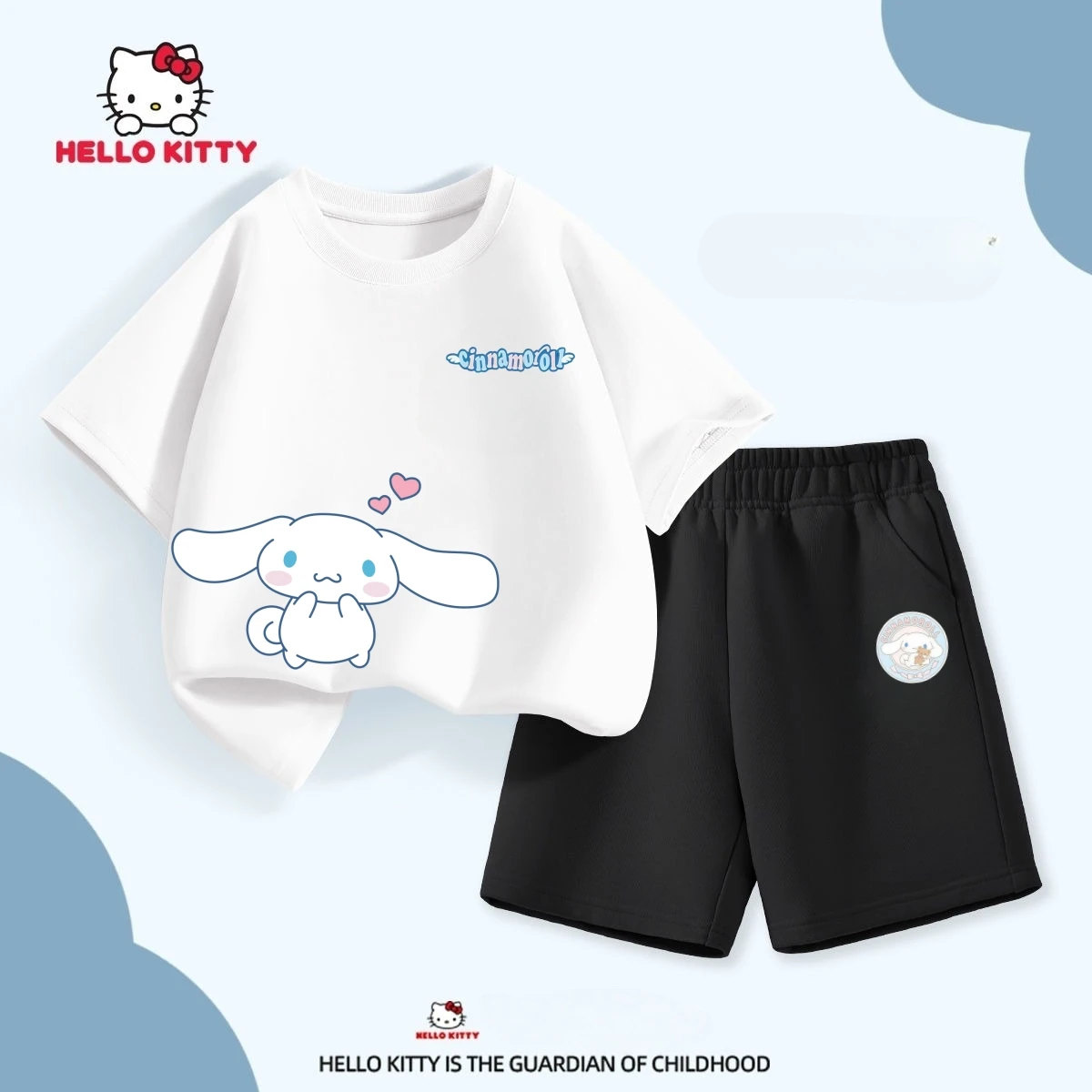 

Sanrio, летний комплект хлопковой одежды для маленьких девочек, детские футболки с короткими рукавами и принтом Cinnamoroll, топ и шорты, костюм, наряды