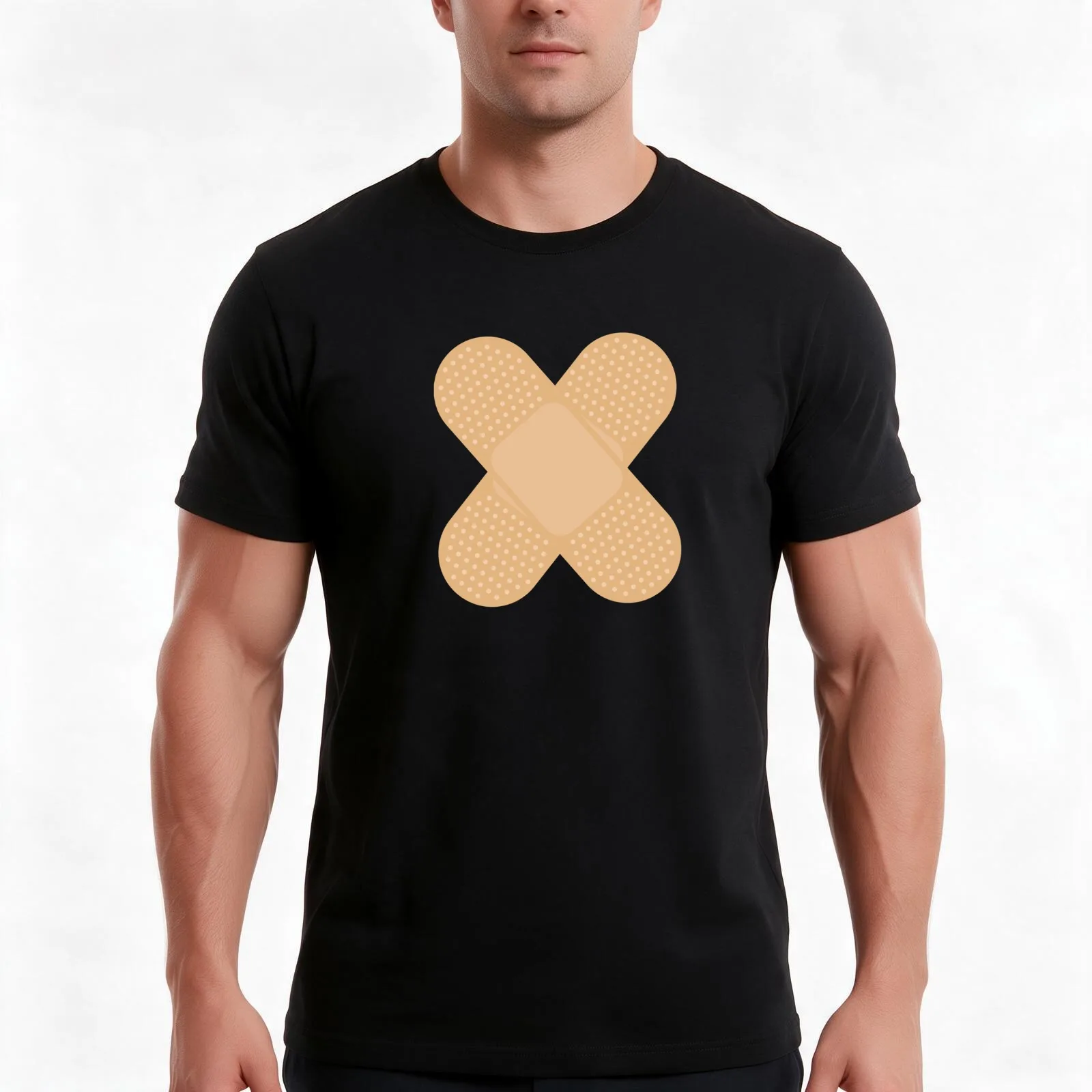 Adhesive Bandage Dressing T-Shirt, Summer Casual Cotton Tee, Oversized Streetwear Tops, Vintage Graphic Print, Unisex Men Women