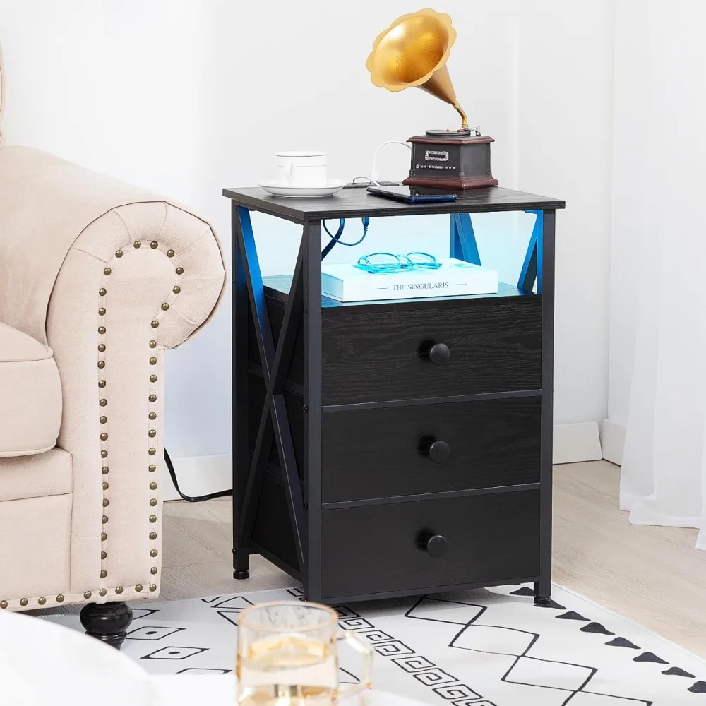 LED Nightstand com estação de carregamento, Night Stand Set 2, mesas laterais finais com porta USB e tomada, mesa de cabeceira