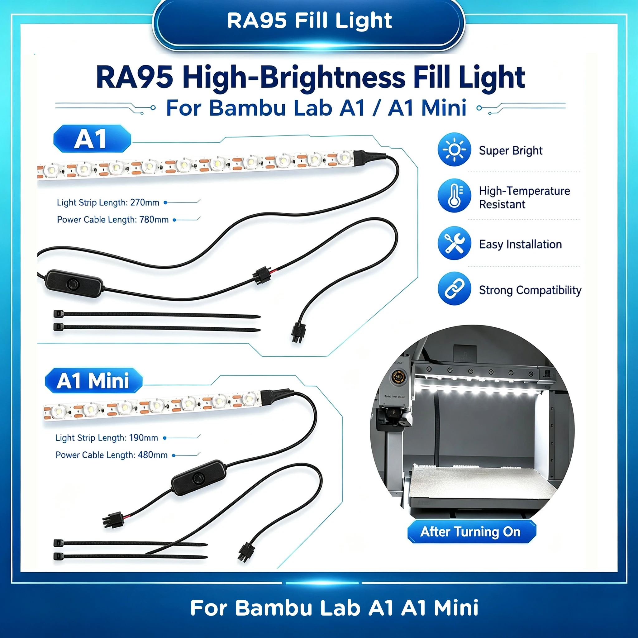 Upgraded LED Light Strip RA95 Fill Light 24V Super Bright White Light For Bambu Lab A1 A1mini 3D Printer Lighting Accessories