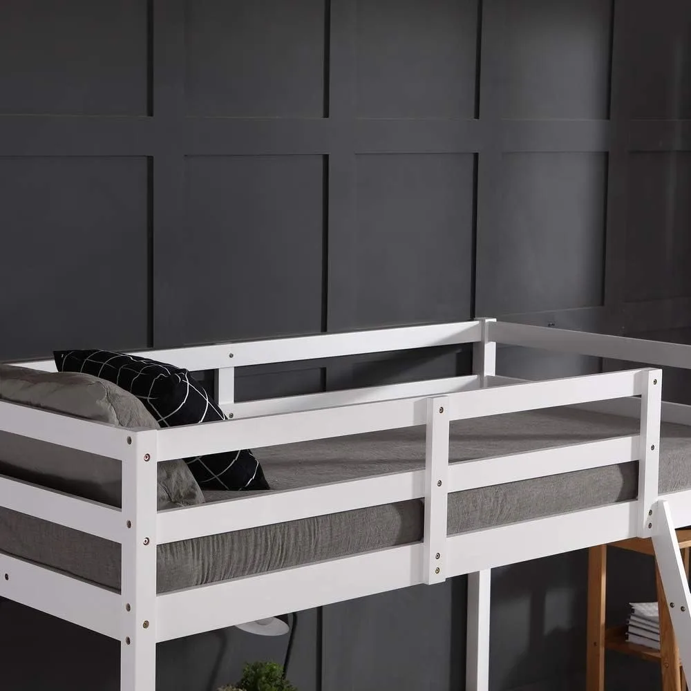 Loft Bed Twin Size, Low Loft Bed with Slide and Ladder, Solid Pine Wood Bed Frame,14" Safety Guardrail, Anti-Slip Steps