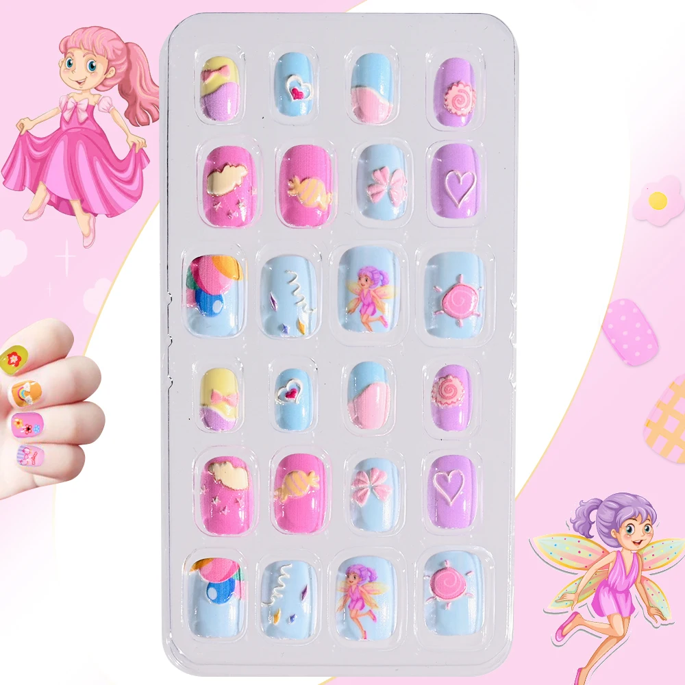 24 Pcs Press on Nails Grils - Candy Child Nail Tips Kids False Nail Cartoon Artificial Full Cover Short acrilico False Nail & Tool