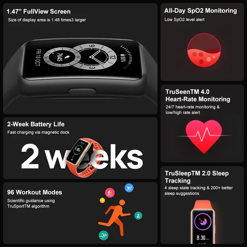 Huawei Band 6 Smartband Bloedzuurstof 1,47 ''AMOLED-band 6 Hartslagtracker Slaapmonitoring Band 6