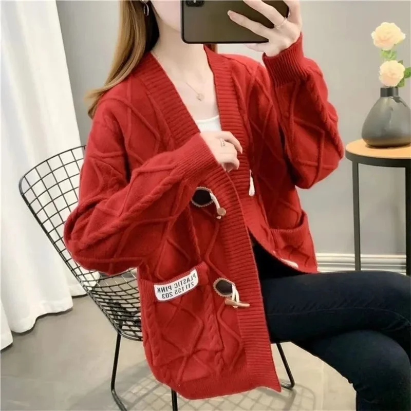 Fashion Autumn Winter New Women's Loose Jacket Warm Cardigan Cow Horn Button Sweater Coat Mid length Diamond Checker Coat Women