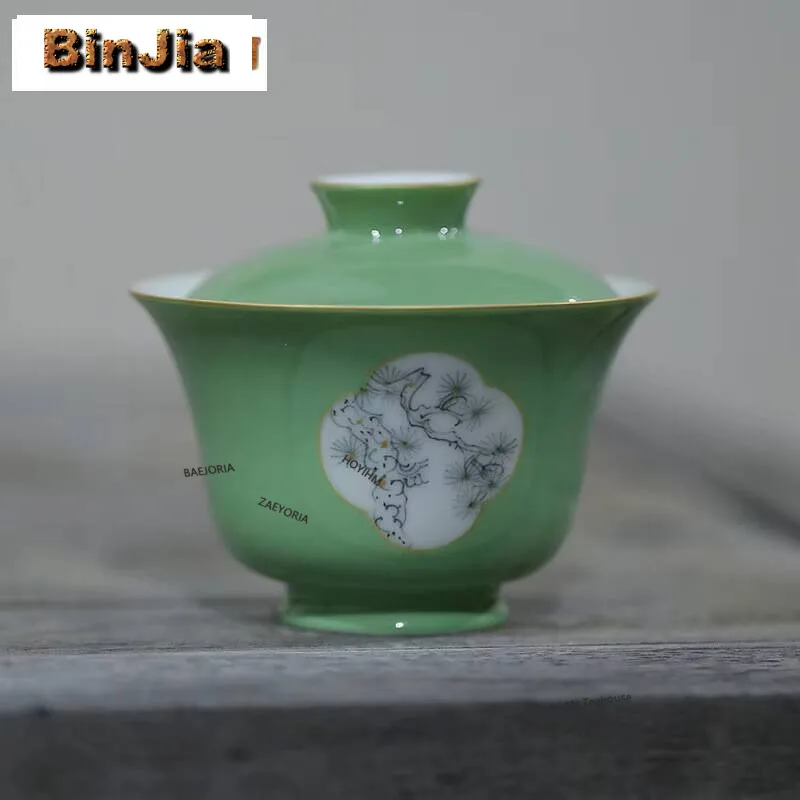 105ml Antique Hand-painted Pine Gaiwan Retro Green Open Window Tea Tureen Tea Brewing Cover Bowl Kung. Fu Tea Services Ornaments