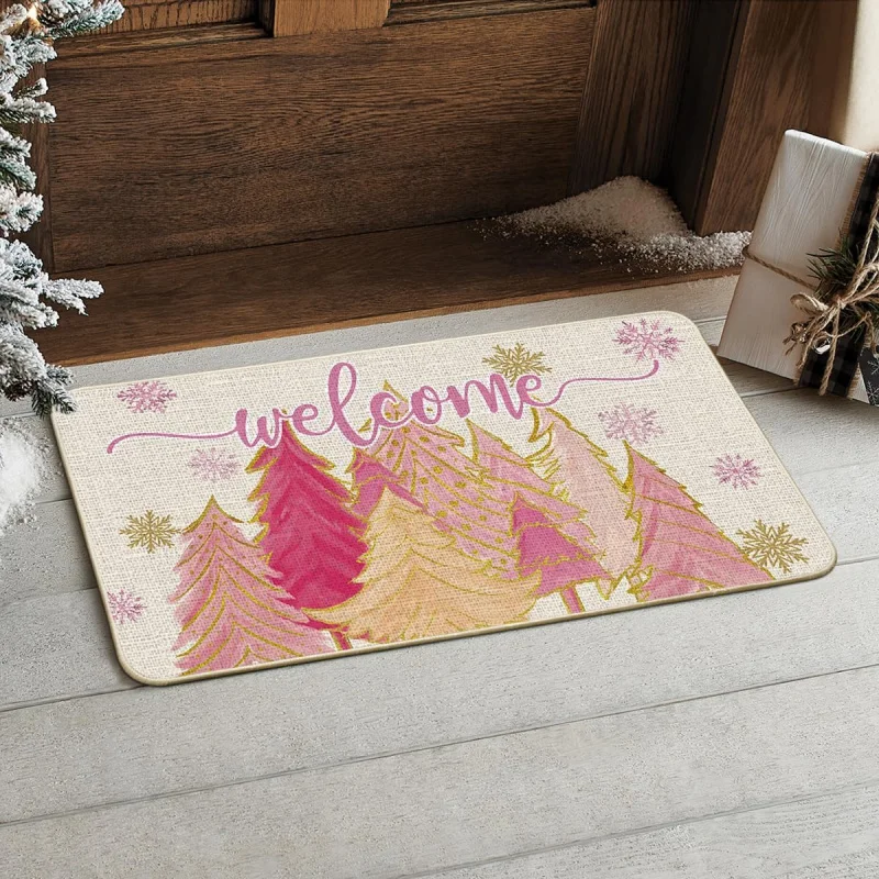 Tree Snowflak Christmas in July Welcome Doormat, Winter Home Decor Low-Profile Switch Rug By Mat Floor for Indoor Outdoor