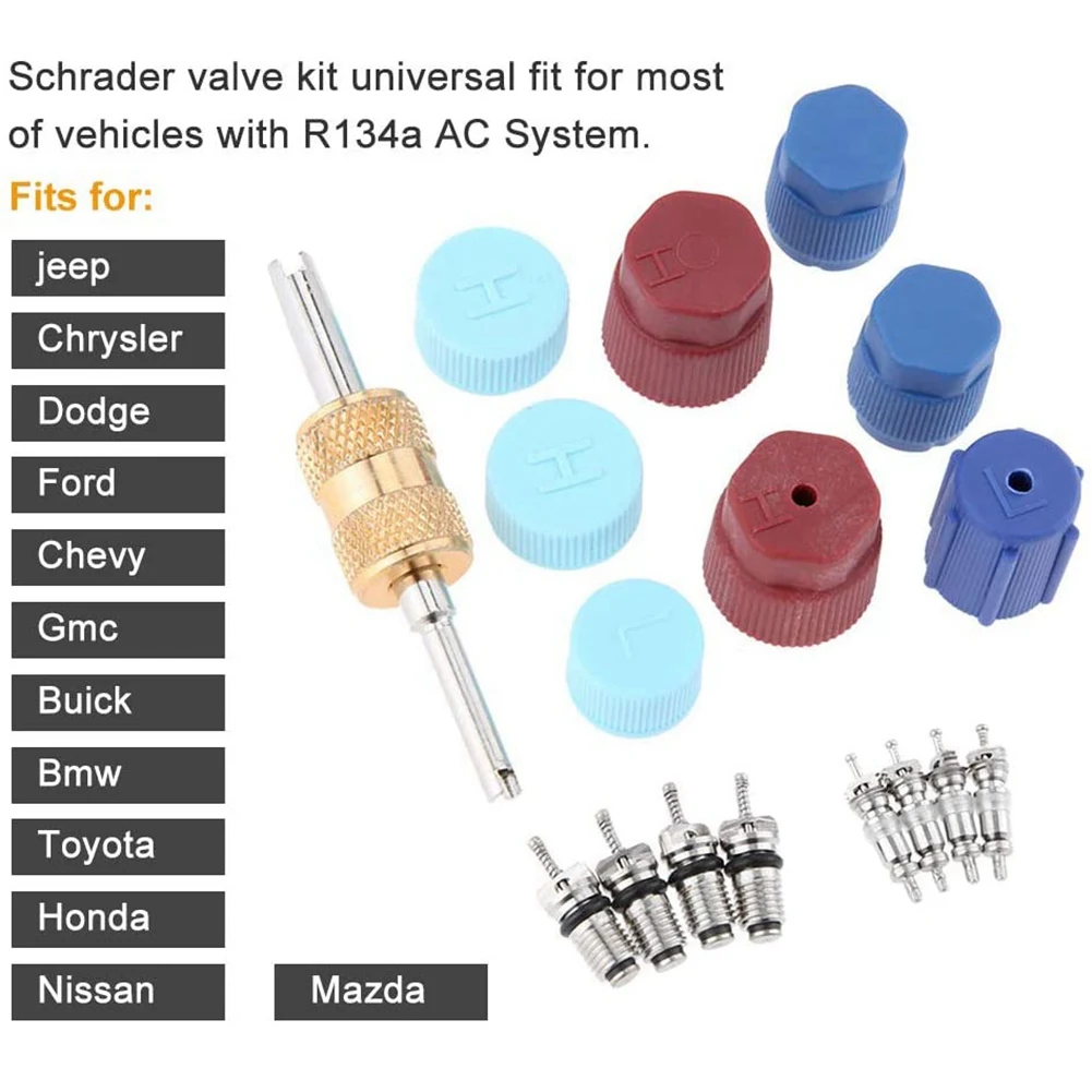 17Pcs Air Conditioning Valve Core Kit Valve Cores Accessories A/C R12 R134A Refrigeration Valve Stem Core Remover Tool