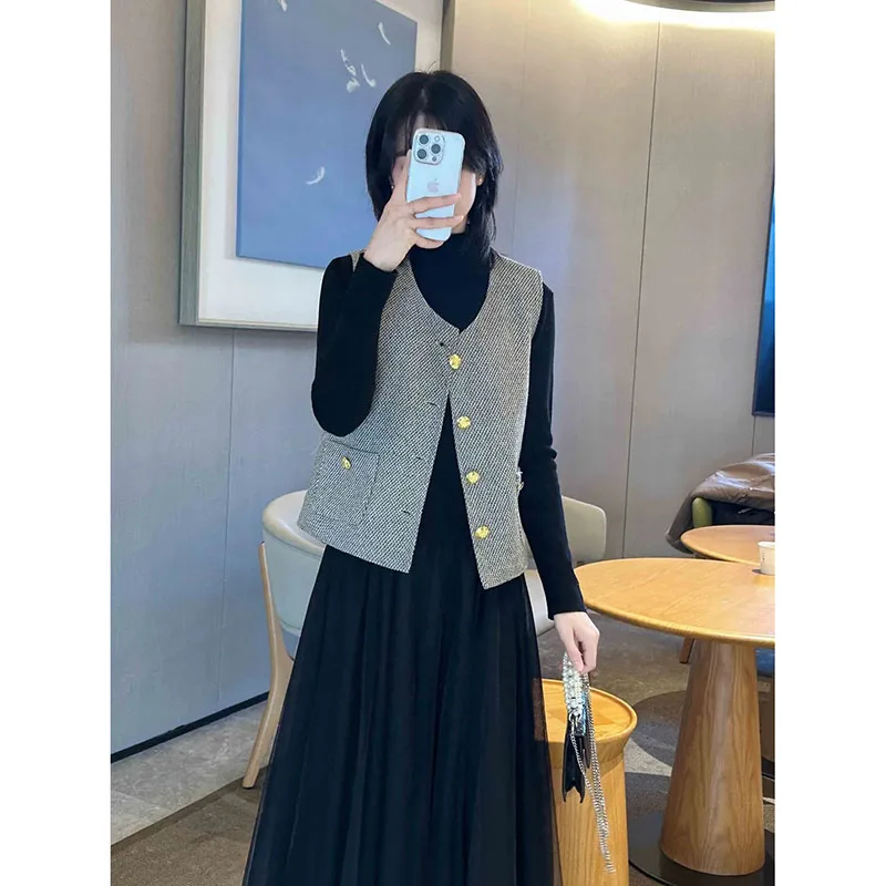 2025 봄 가을 새로운 여성의 작은 향기로운 양복 조끼 자켓 프랑스어 세련된 고급 여성 짧은 자켓 조끼 느슨한 아웃웨어