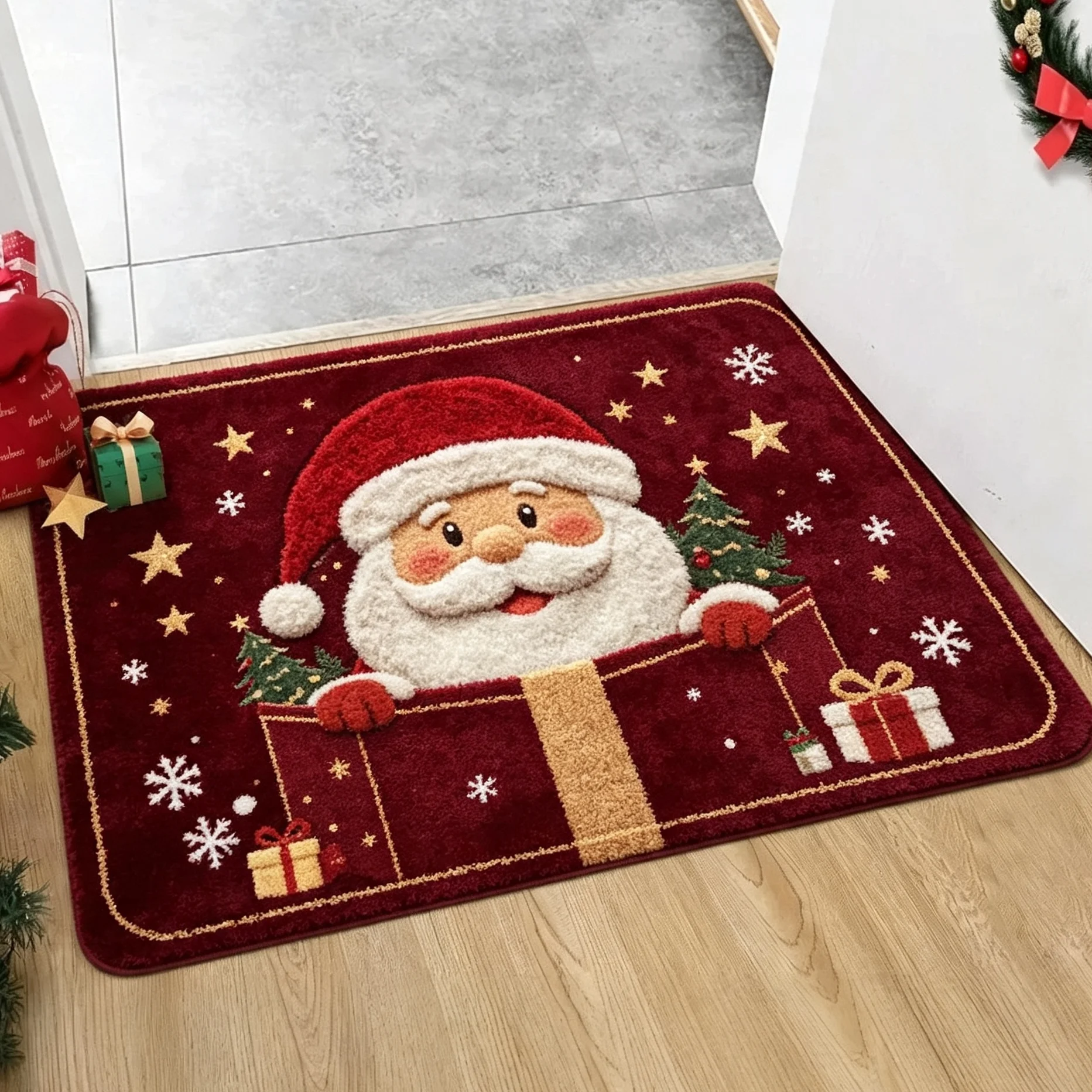 Santa Claus Gift Box Snowflake Gold Star Rug For Cozy Home Entrance Traditional Blessing Doormat Design