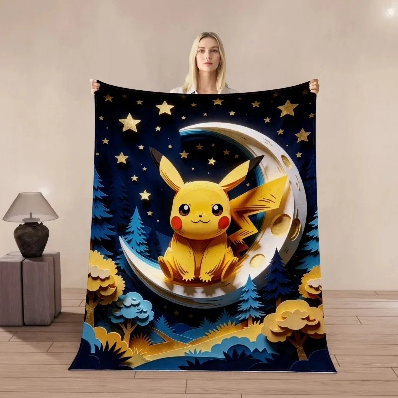 Anime Pikachu Flannel Blanket Retro Singer Chinese Ink Bamboo Papercut Moon Star Ukiyo-e Wave Print Cozy Multi-use Throw Blanket