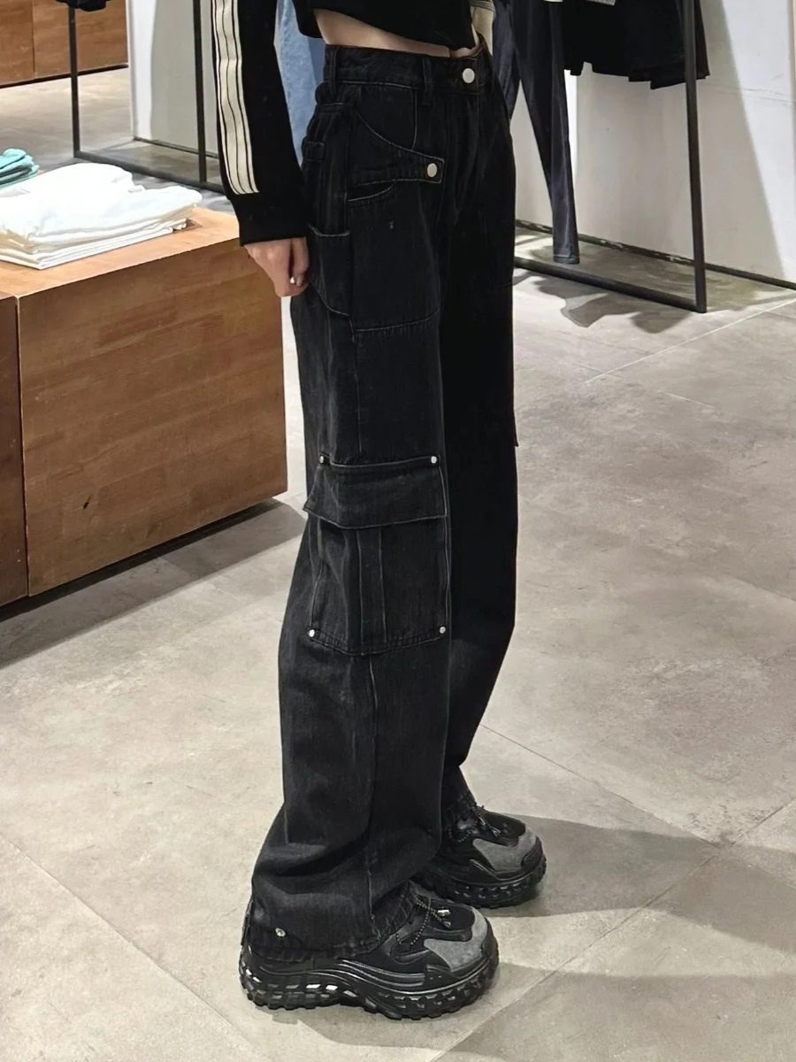 

Spicy Girl American Retro High Street Wide Leg Straight Cut Jeans Women's plus Size Spring Autumn Design Workwear Trousers