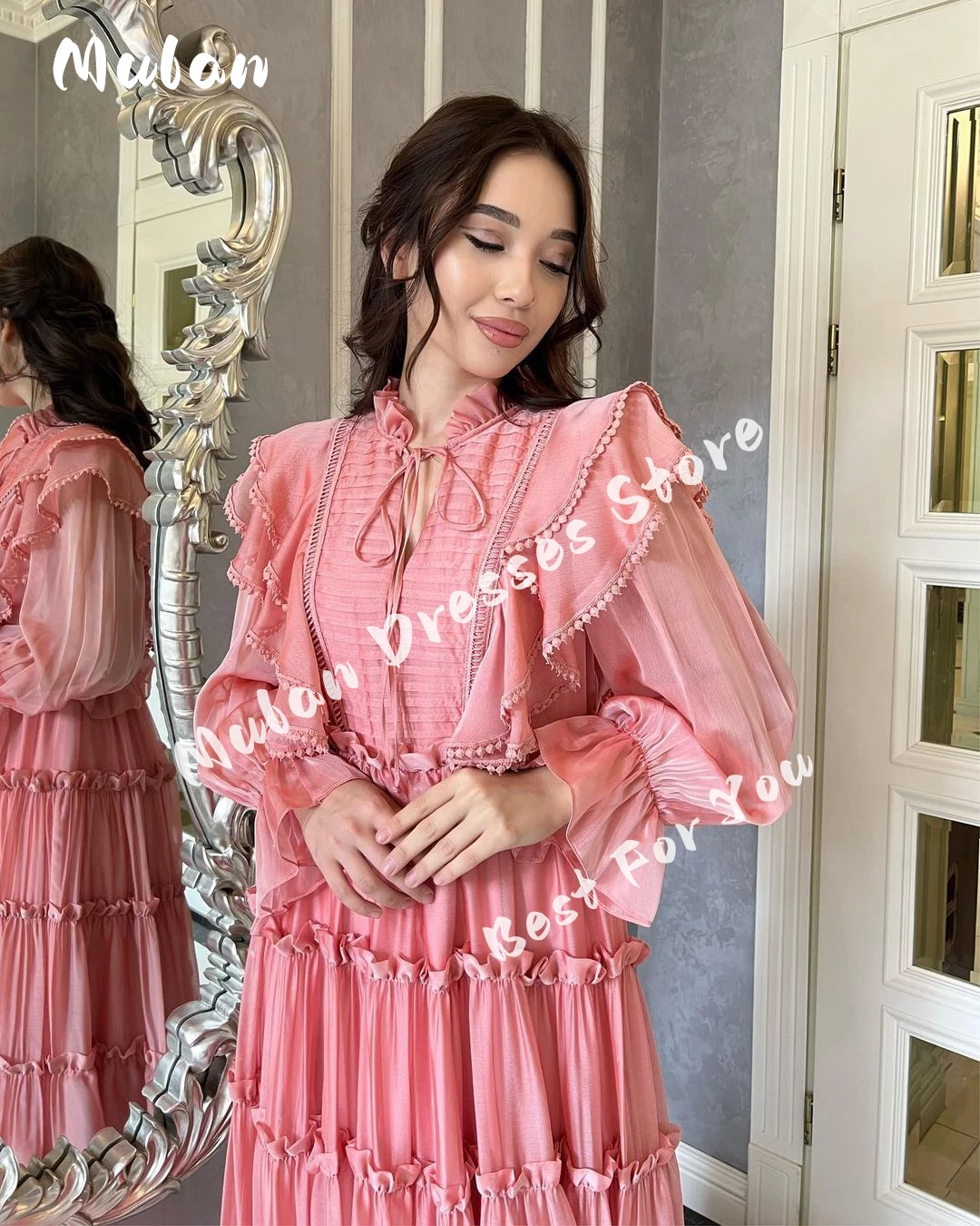 Puff Vintage feminino mangas compridas linha A babados vestido de baile, vestidos de noite elegantes, comprimento do tornozelo, festa de casamento, vestidos formais, 2024