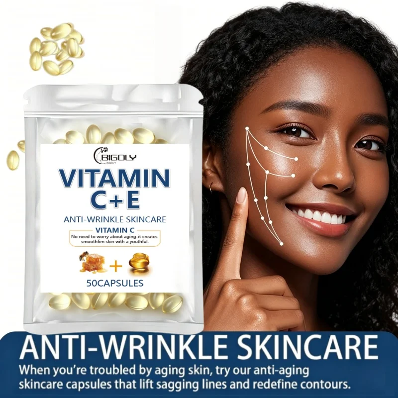 50 Cápsulas/Saco Essência Facial Firmadora de Vitamina C + Vitamina E, Nutritiva, Hidratante e Reafirmante, Adequada para o Cuidado Facial Diário Femi