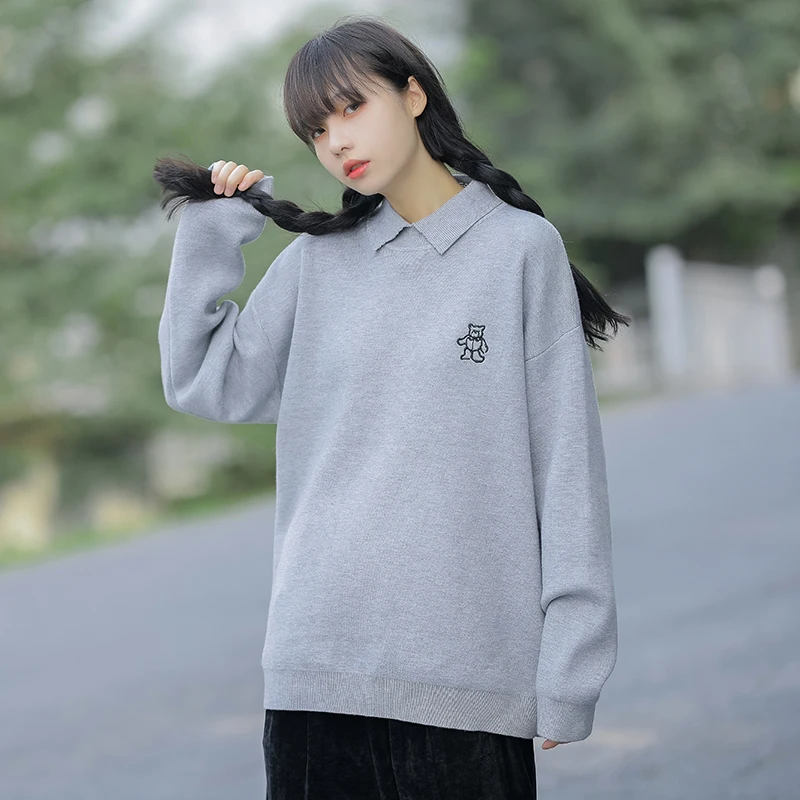 

Женский вязаный свитер с вышивкой медведя, осенне-зимний, базовый, прямого кроя, с обычным рукавом