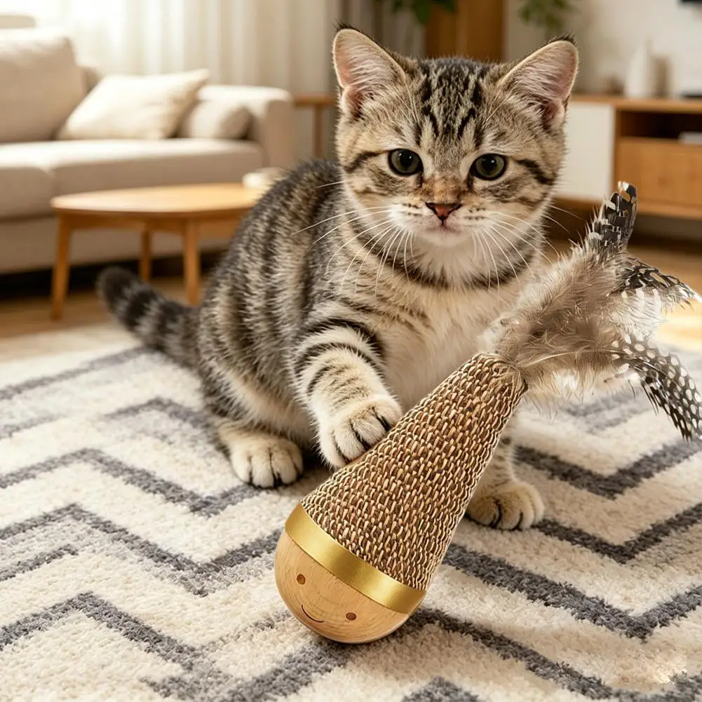Self Playing Cat Toy Interactive Tumbler with Feather Teaser Wand Scratch Resistant Kitten Toys for Indoor Cats Boredom Relief