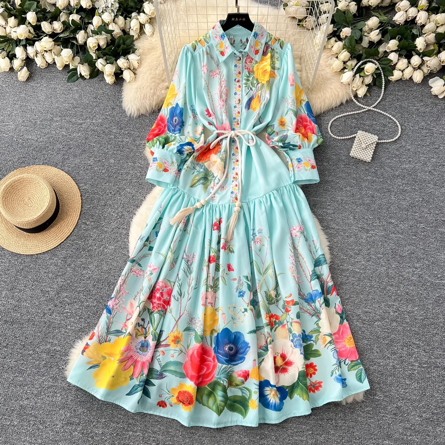 

2025 Spring Gorgeous Flower Linen Robe Dress Women's Lapel Lantern Sleeve Single Breasted Floral Print Sashes Long Party Vestido