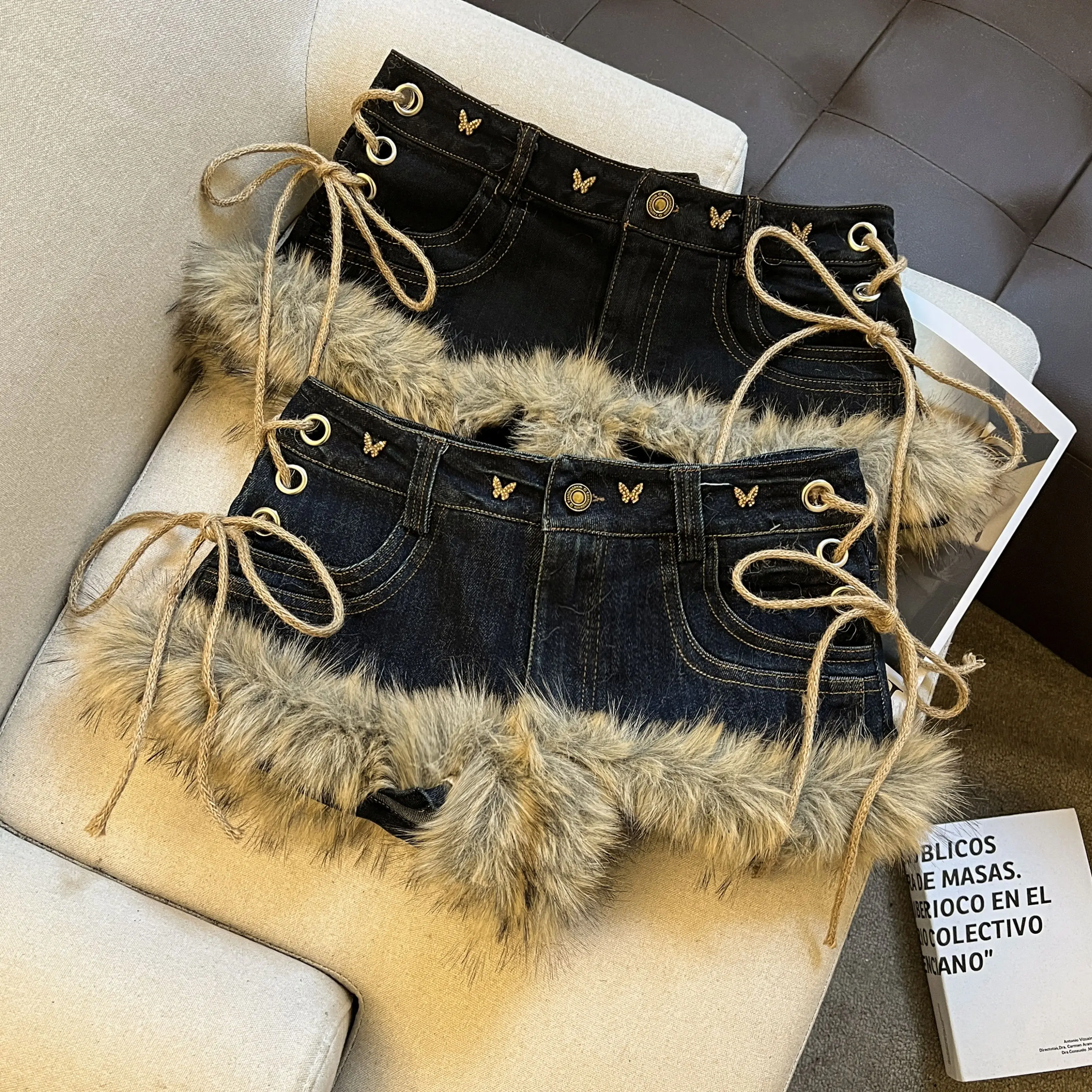Women's Autumn Winter Frayed Butterfly Knot Tie Denim Shorts Y2K Harajuku High Street Fashion Retro Sexy Jeans Shorts Clothing
