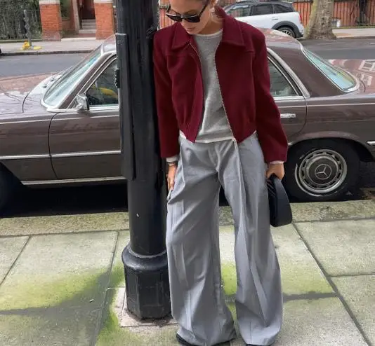 

Autumn Elegant Wine Red Temperament Lapel Short Jacket Top Versatile Loose New Zipper Jacket Wholesale