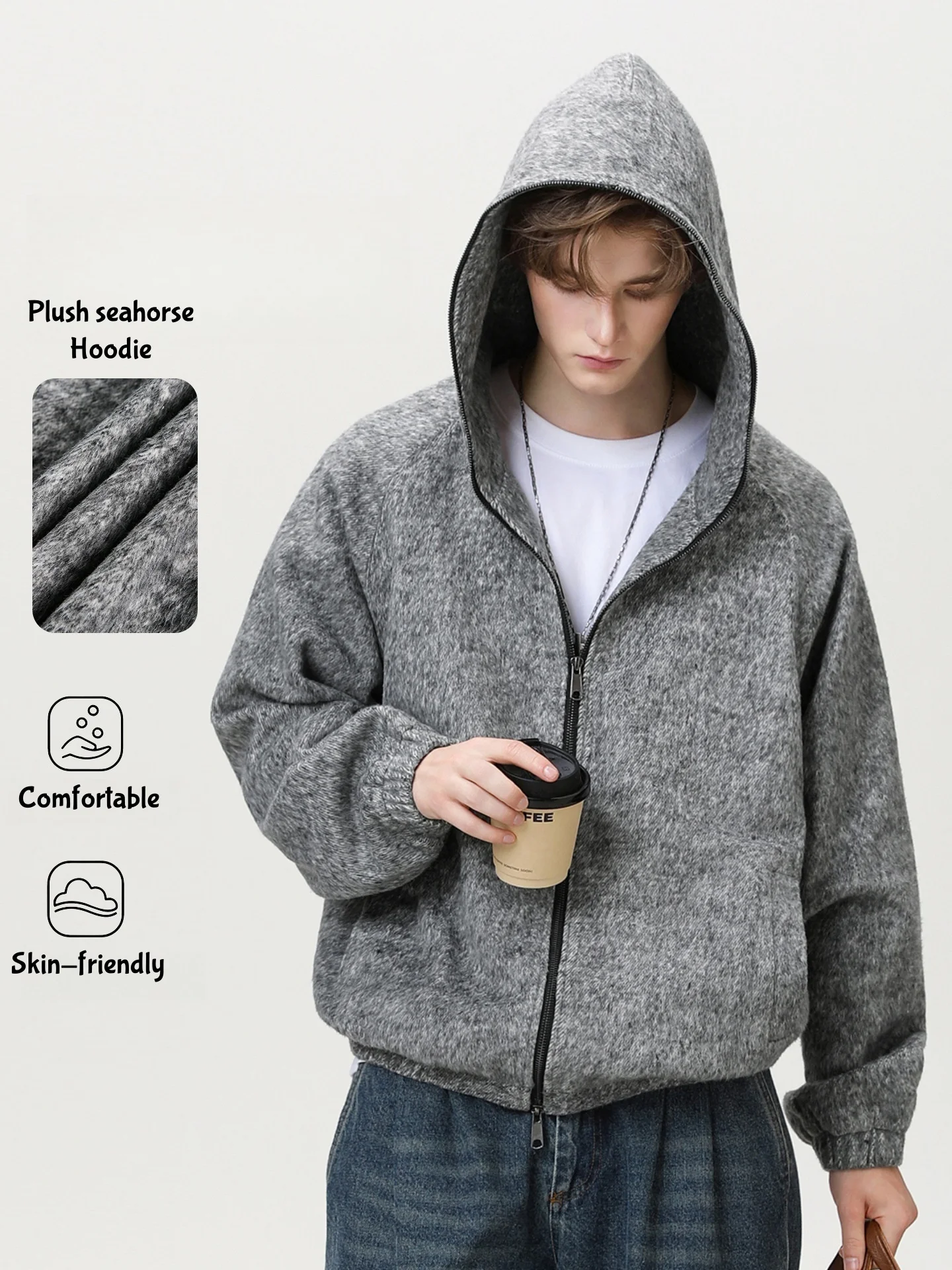 Texture Mohair Cardigan Hooded Jacket Men's Autumn Winter Contour Loose American Jacket Lazy Senior Sweater