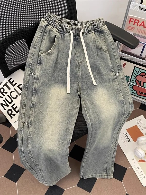 

Джинсы прямого кроя с эластичной резинкой на талии в американском стиле, мужские, весна-осень, модные, брендовые, в стиле де-конструкт, с лоскутным узором, свободные, длинные брюки