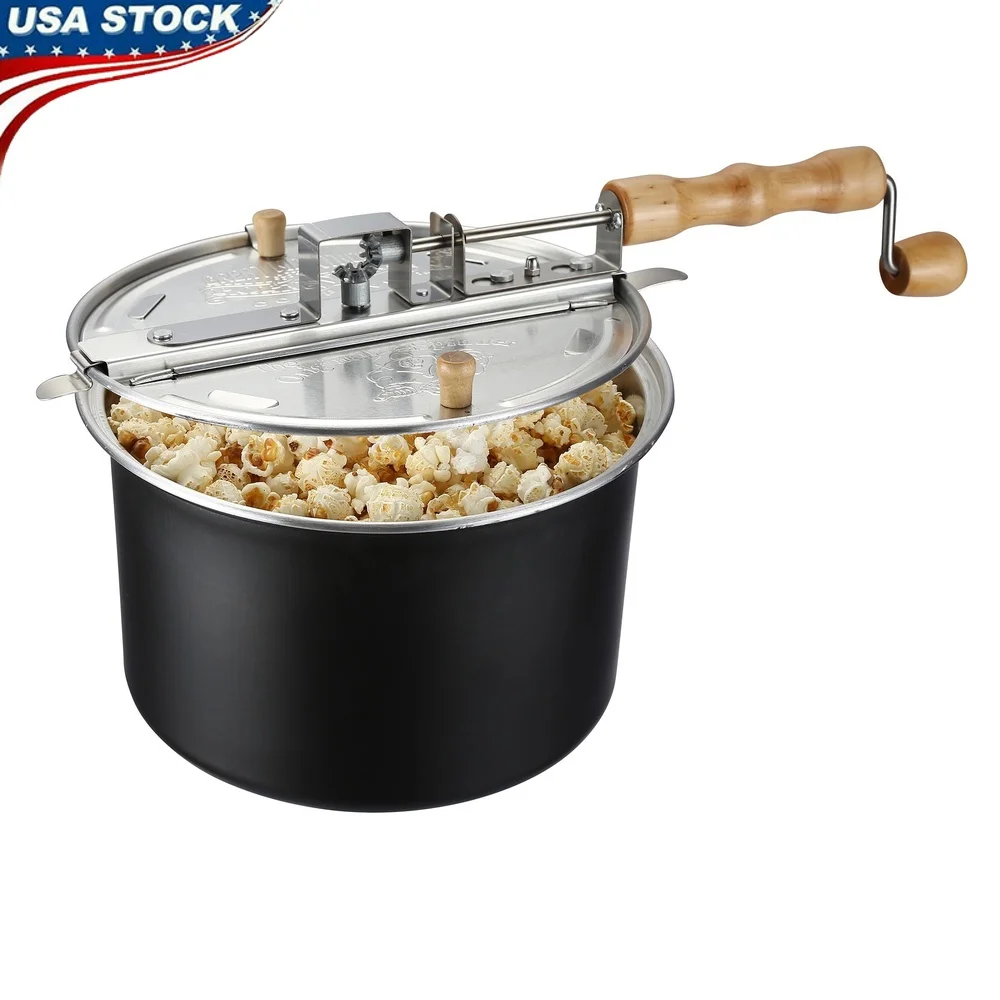 

Stovetop Popcorn Maker 6.5 Quart Aluminum Non-Induction with Stirring Handle Moisture Release Lid Easy Clean Movie Theater Style