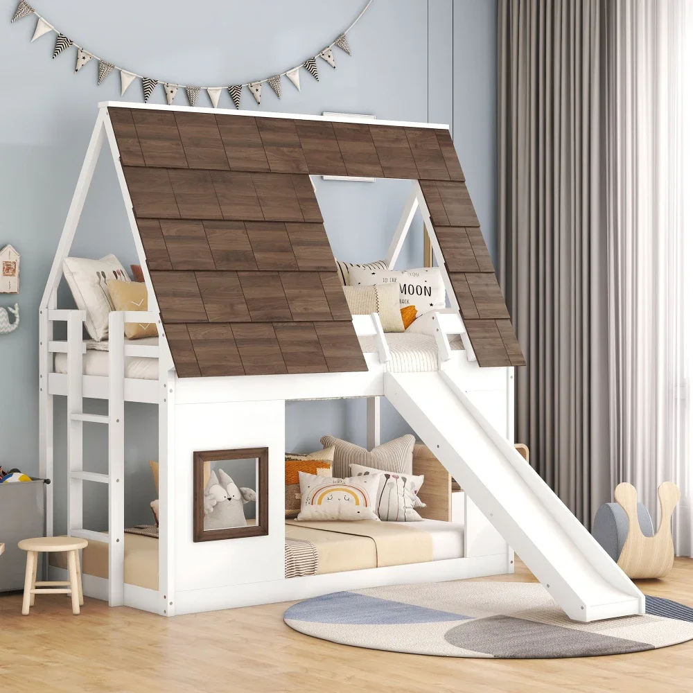 

Children Beds Wood Twin Size House Bunk Bed with Roof, Ladder and 2 Windows, Oak & Smoky Grey Kids Beds for Boys Kids Furniture