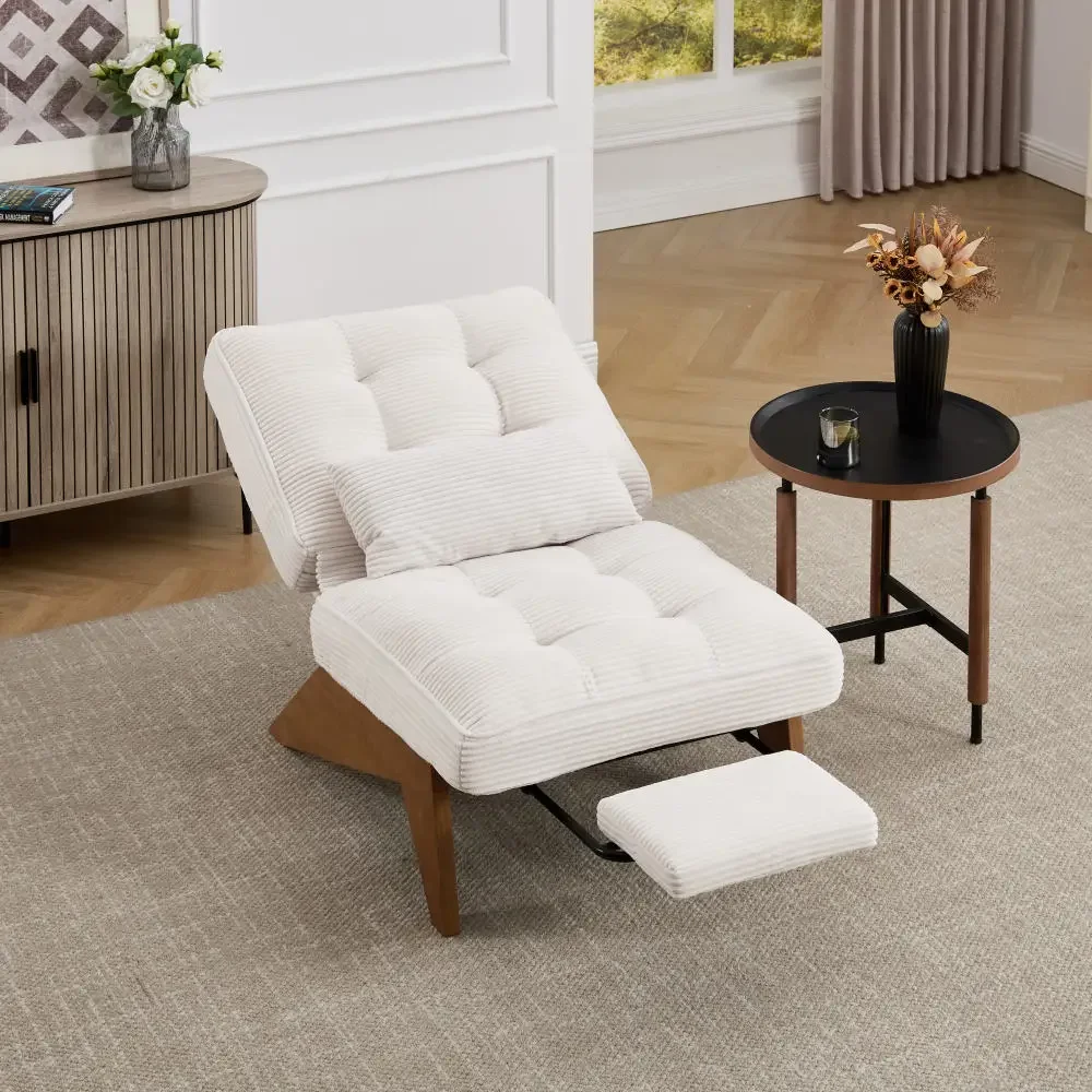 Rückenfreier, verstellbarer Loungesessel aus Stoff mit Fußstütze, Taillenkissen und Holzbeinen, Wohnzimmer, Schlafzimmer, Entspannungssitz für zu Hause