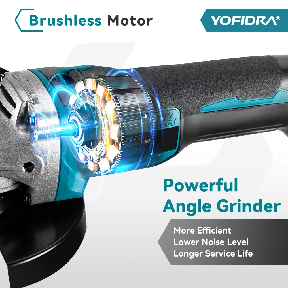 YOFIDRA 3000W 125mm Brushless Electric Angle Grinder 4 Gears For Makita 18V Battery Metal Wood Grinding Polishing Cutting Tool