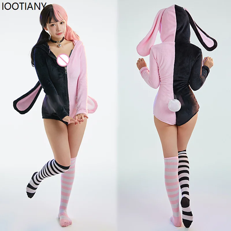 Halloween Anime Cartoon Two-color Rabbit Cosplay Jumpsuit Women Sexy Bunny Girl Plush Pajamas Cute Soft Coral Fleece Hooded Suit