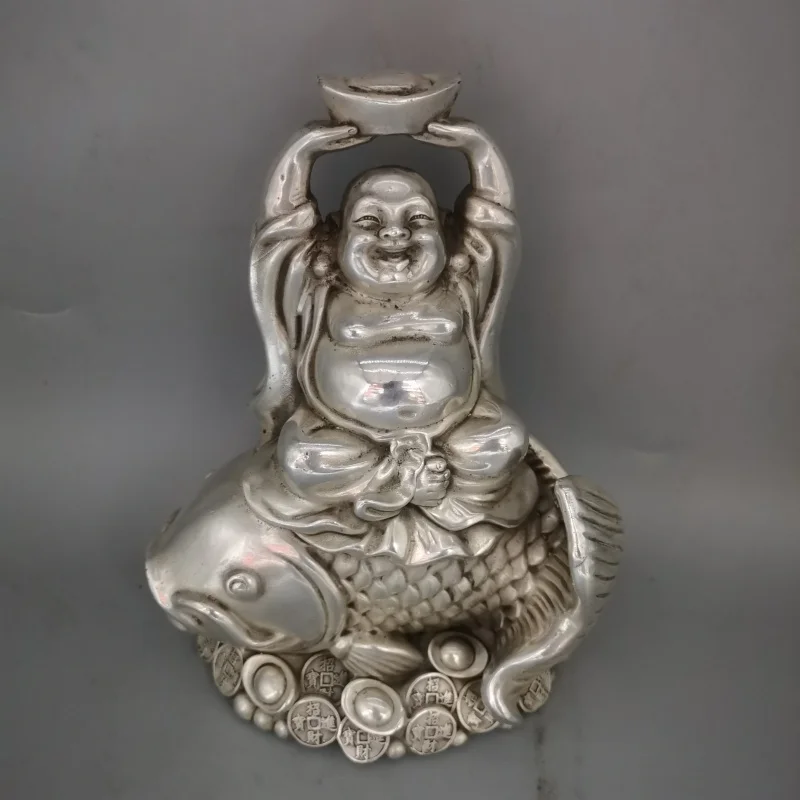 

White Copper Silver Plated Maitreya Buddha Ornament Laughing Buddha Statue Feng Shui Wealth Auspicious Home Decor Collectible