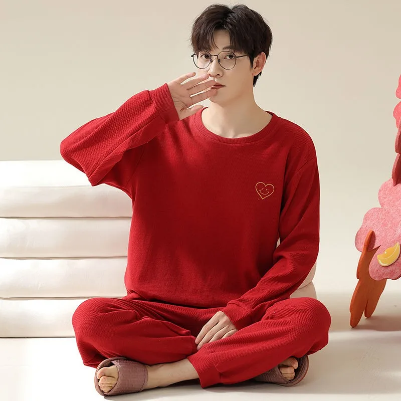 2024  latest spring autumn pajamas Men bridal red sleepwear Comfortable loose nightdress loose round neck Waffle home wear set