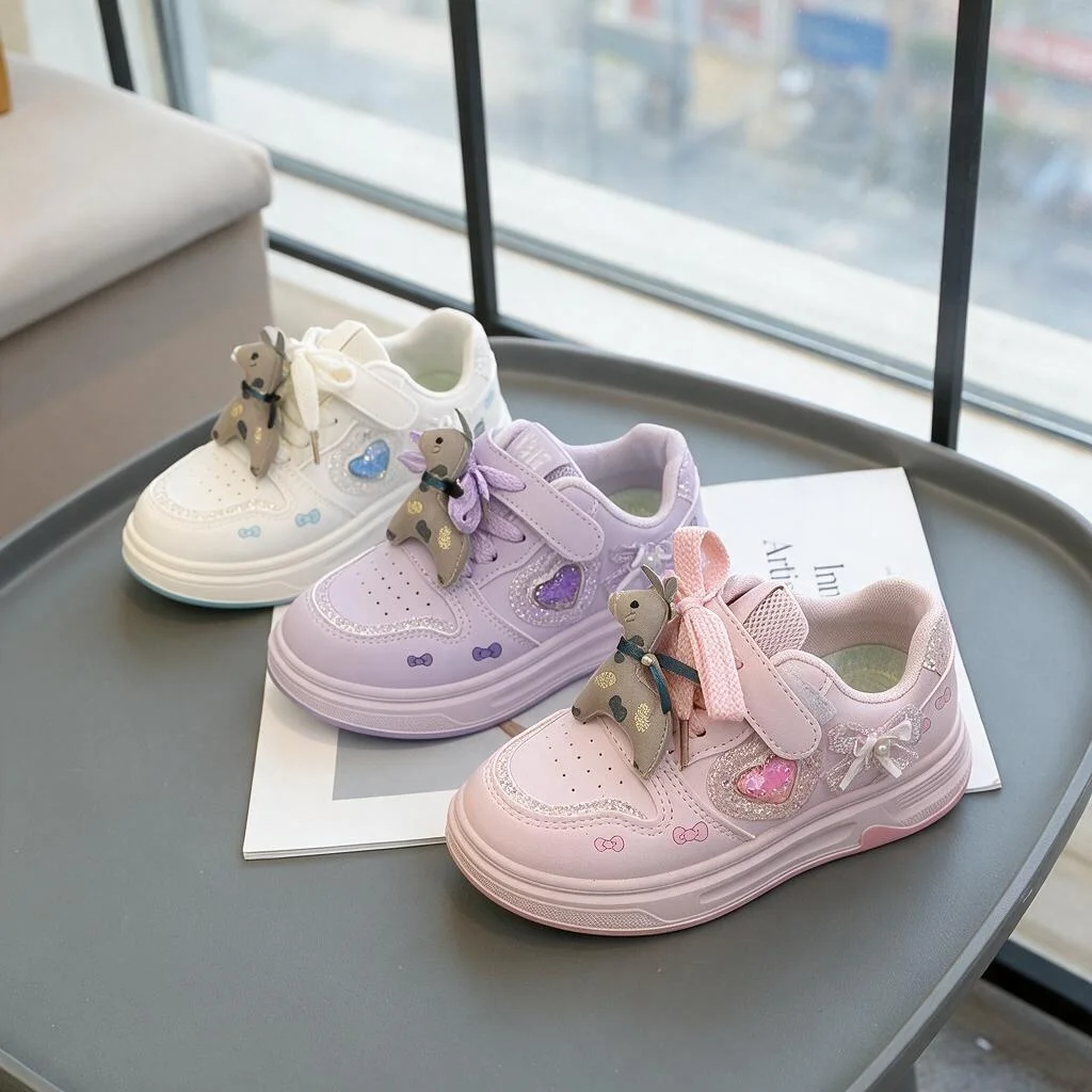 Girls Cute Heart Bow Sneakers Kids Heart Rhinestone Hook and Loop Casual Walking Shoes Non-Slip Platform Sole Pastel Pink
