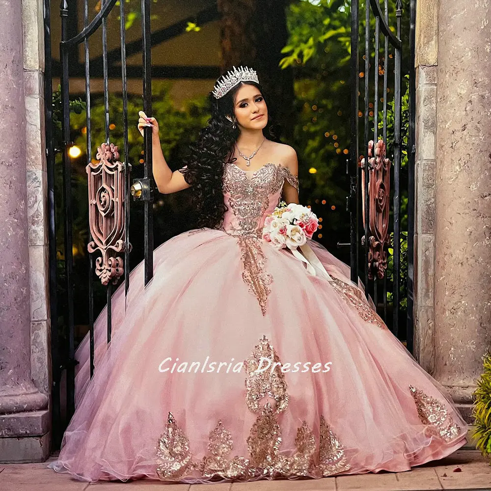 

Pink Sparkly Sequined Appliques Lace Quinceanera Dresses Ball Gown Off The Shoulder Corset Vestidos De XV Anos