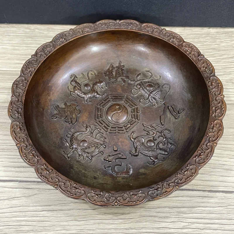 

Винтажный позолоченный дом-талисман, тарелка с четырьмя мифическими зверами, большое блюдо, домашний декор, антикварное украшение