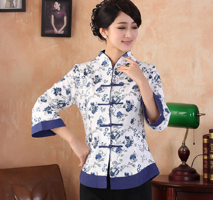 

Hot Sale New Chinese Style Fashion Printing Flower Jacket Women's Casual T-Shirts High Quality Linen Tang Suit Hanfu Clothing