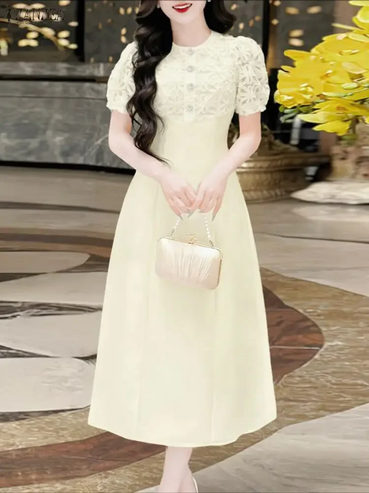 Elegant Party Dress ZANZEA Women Stylish Lace Patchwork Dresses 2026 Summer Short Puff Sleeve Work Sundress High Waist Midi Robe