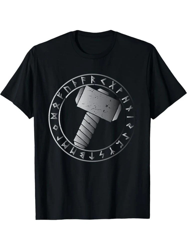 

Vintage Nordic Hammer Mjolnir Runes Valhalla God pattern design -100% cotton summer casual short-sleeved men's printed T-shirt.